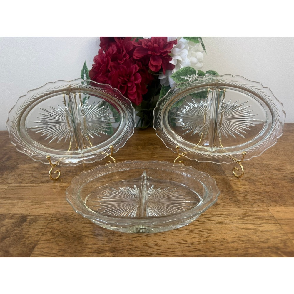 Vintage Jeannette‎ Glass Sunburst Herringbone Divided Relish Dish Clear Retro